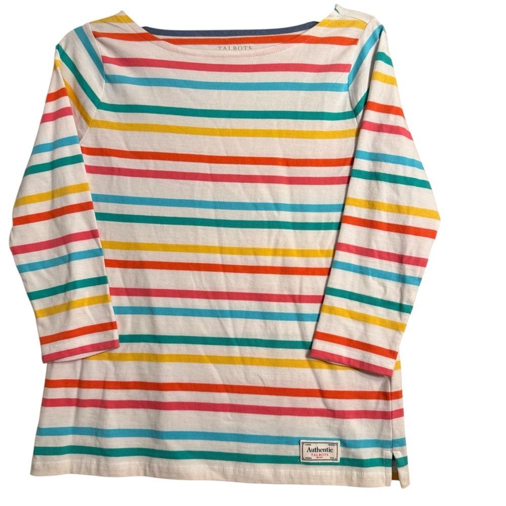 Talbots Women's White Rainbow Multi-Stripe Bateau Neck 3/4 Sleeve Tee- Petite
